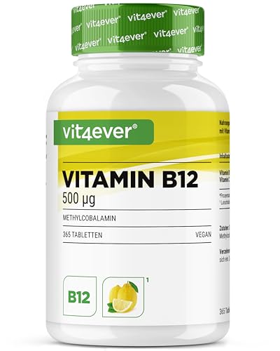 Vitamina B12 Limón - 365 pastillas en un suministro de un año - Premium: 500 mcg metilcobalamina activa + vitamina C - Altamente dosificado - Vegano