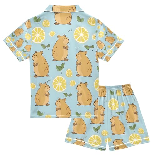 senya Cute Capybara and Lemon Satin Summer Pajama Sets Silk Short Sleeve Button Down Sleepwear2