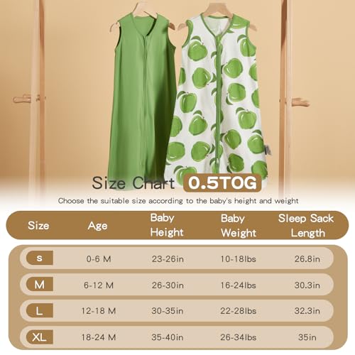 TILLYOU 2 Pack Infant Sleep Sack 0-6 Months 100% Cotton Wearable Blanket 0.5 TOG Sleeveless Summer Sleep Sacks with 2-Way Zipper, Green Apple & Fruit Green