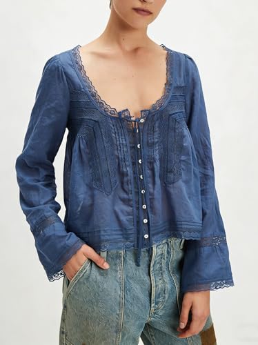 Image of Women Summer Sheer Tie Front Top Y2k Peplum Chiffon Blouse Eyelet Long Sleeve Flowy Lace Beach Cover Up Boho Tops