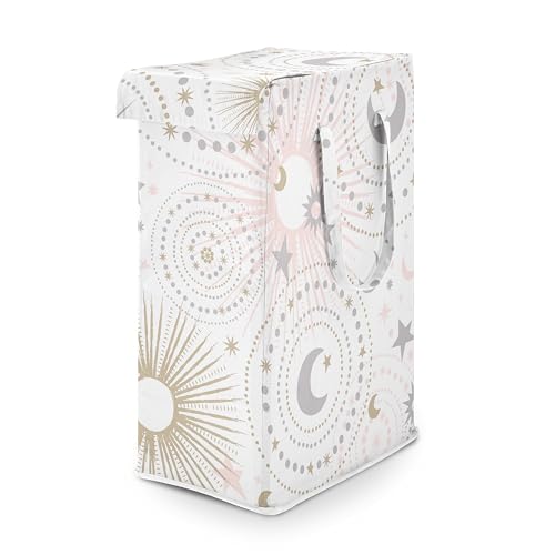 Image of Sweet Jojo Designs Blush Pink Gold Star and Moon Girl Laundry Hamper Foldable Dirty Clothes Basket with Handles for Baby Nursery Kids Bedroom Teen Bathroom - Grey Celestial Sky Stars Gray Shabby Chic