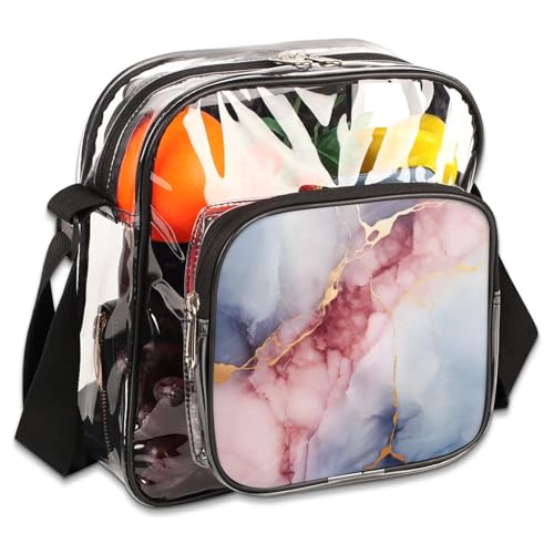 GzLeyigou Clear Crossbody Bag Stadium Approved Abstract Marbling Texture Transparent Bag for Festivals, Sports Events, Concerts,Beach Bag for Women Men Clear Purse with Front Pocket Messenger Bag