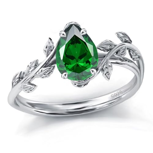 Wasee May Birthstone Ring 925 Sterling Silver Green Emerald Ring Pear Shaped Leaf Promise Ring for Her Birthday Anniversary Mothers Day Jewelry Gifts for Women Ring Size 6.5