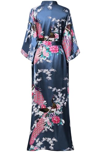 Image of BABEYOND Women's Kimono Robe Long Satin Robes with Peacock and Blossoms Printed Kimono Nightgown