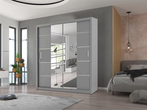 E-BAARIK Alaska Armario con puerta corrediza, armario de 2 y 3 puertas con 4 colores y 4 tamaños, solución de almacenamiento, diseño elegante para dormitorio (gris, 203 cm)