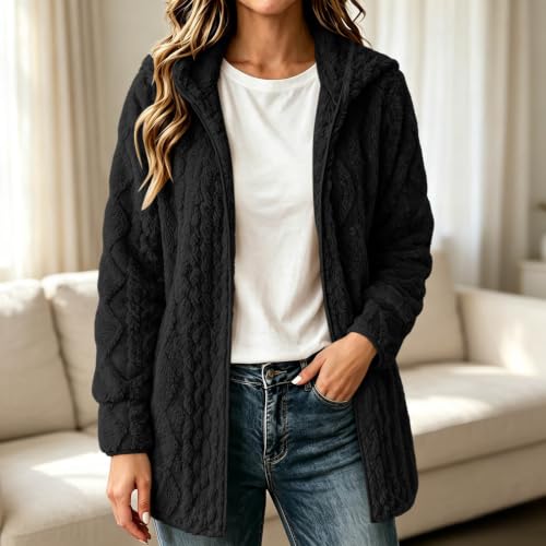 Womens Fleece Hooded Jacket Long Sleeve Open Front Cardigan Thick Warm Coat - image 2