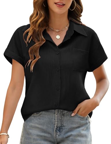 Niwicee Blusa Elegante para Mujer Camisa Lino Mujer Verano con Cuello en V Blusa Suelta Manga Corta Cardigan Mujer Verano Causal Informal con Botones Top con Bolsillos (Negro, L)