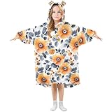 Mnsruu Manta de gran tamaño con capucha para niñas, diseño de amapolas, naranja, arándano, floral, manta para niños, suave y cálida sudadera con capucha de forro polar, Multi1332, M
