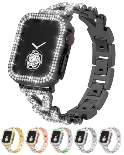 Image of Rhinestones Encrusted Metal Bracelet and Case, Compatible with Apple Watch Bands 38mm-49mm (Series 11 /10 /1 /SE /Ultra 2)- Bling Gold Women's Jewelry Strap, Luxury iWatch Bracelet