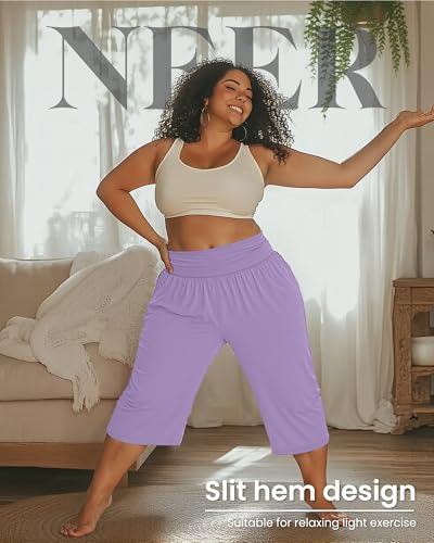 Neer 3 Pack Women's Plus Size Cotton Capri Pants High Waisted Wide Leg Loose Lounge Yoga Cropped Sweatpants with Pockets3