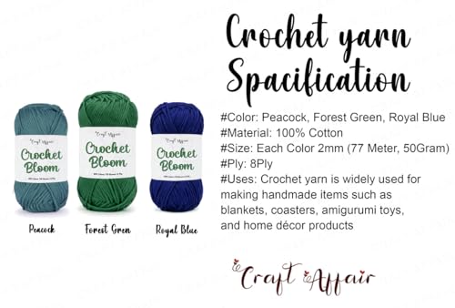 Image of Craft Affair | Crochet Bloom Cotton Yarn 8ply (Each Color 2mm, 77Meter, 50Gram) 100% Pure Cotton | for Knitting Yarn | Craft & DIY Project: Peacock, Forest-Green, Royel Blue