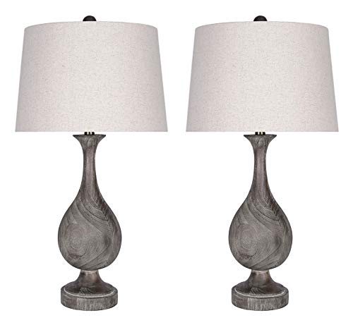 29 Grey Washed Faux Wood Polyresin Table Lamp Set with Teardrop Vase-Inspired Design and Oatmeal Linen Tapered Shades - Perfect for Nightstands and End Tables (Set of 2)