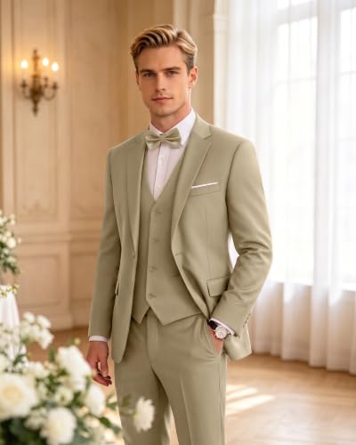 Image of LUPURTY Men's 3 Piece Suit, One Button Slim Fit Tuxedo | Includes Bow Tie, Jacket Vest & Pants, Single Breasted, Wrinkle Resistant, Ideal for Wedding Prom & Business Formal Events