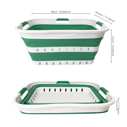 Image of SAMMART 42 (11 Gallons) Collapsible Plastic Laundry Basket, Foldable Pop Up Storage Container /Organizer, Space Saving Hamper, Portable Bin for Dorm Room Bathroom (2, White /Winter Green)