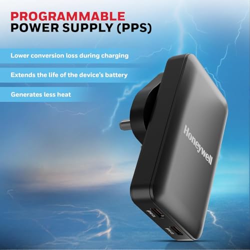 Image of Honeywell Zest Ultra-Thin GaN 65W Dual Type-C PD 3.0 Wall Charger with PPS Support, Ultra-Fast Charging, Compatible with iPhone, iPad Pro, Pixel, Galaxy, OnePlus, Tablets & Smartwatches | PPS Support, Ultra-Fast Charging, Compatible with iPhone, iPad Pro, Pixel, Galaxy, OnePlus, Tablets & Smartwatches