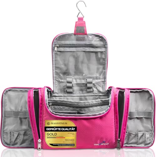 TRAVANDO Kulturbeutel Damen Groß Beauty Case zum Aufhängen Maxi Kulturtasche Frauen Waschbeutel Reise Toilettentasche Toiletttasche Kosmetiktasche Fächer Waschtasche Washbag (Groß, Pink)