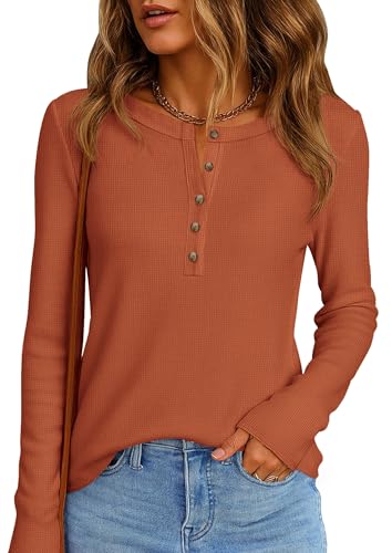 Image of PRETTYGARDEN Women's Long Sleeve Waffle Knit Henley Shirts Loose Tunic Tops