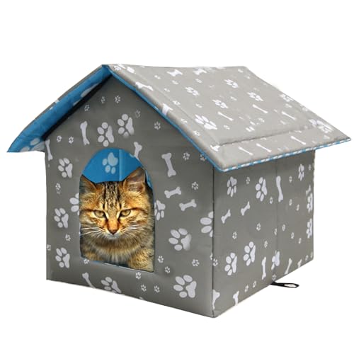 Casetta per Gatti per Esterni, Casetta per Gatti, Tenda per Gatti da Esterno Impermeabile, Cuccia Gatto Esterno Inverno con Tenda Trasparente Timovibile (Stampa Grigia, M)