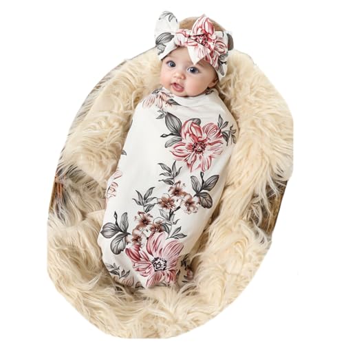 Image of Galabloomer Receiving Blanket Headband Set Flower Print Baby Swaddle Blankets (Brown Pink)