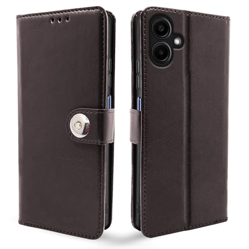 Image of Pikkme Flip Cover Leather Finish | Inside TPU with Card Pockets | Wallet Stand and Shock Proof | Complete Protection Button Flip Case for Samsung Galaxy A06 (Coffee)