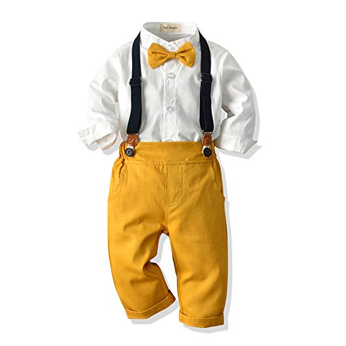 Tem Doger Little Boys Gentleman Outfit Suits Baby Boy Set Long/Short Sleeves Shirt Bowtie Vest Suspender Pants/Shorts (Yellow-2, 70/6-12M)