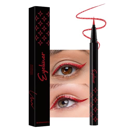 evpct 1Pcs Red Glitter Shimmer Liquid Eyeliner Eye Makeup Pencil Pen Pearl Red Chrome Eyes Liner Face Glitter Makeup Fake Eyelashes Mascara Accessories Sparkle Metallic Eyeliner Pen Waterproof