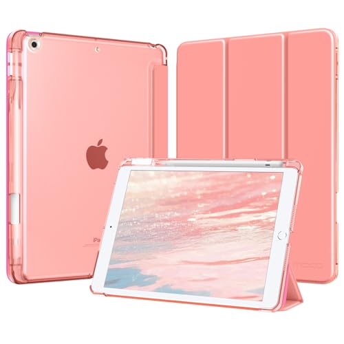 MoKo Funda para iPad 9.ª/8.ª/7.ª Generación 10,2 Pulgadas 2021/2020/2019 con Portalápices, Ligera y Delgada con Soporte Trifold y Cascara Traslúcida PC Duro, Auto Activación/Reposo, Concha
