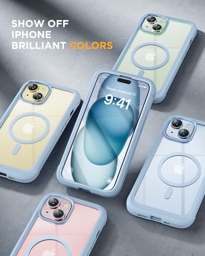 Image of Miracase Glass Series for iPhone 15 Case [Compatible with MagSafe] Full-Body Magnetic Bumper Case with Built-in 9H Tempered Glass Anti-Fingerprint Screen Protector + Camera Lens Protector, Light Blue