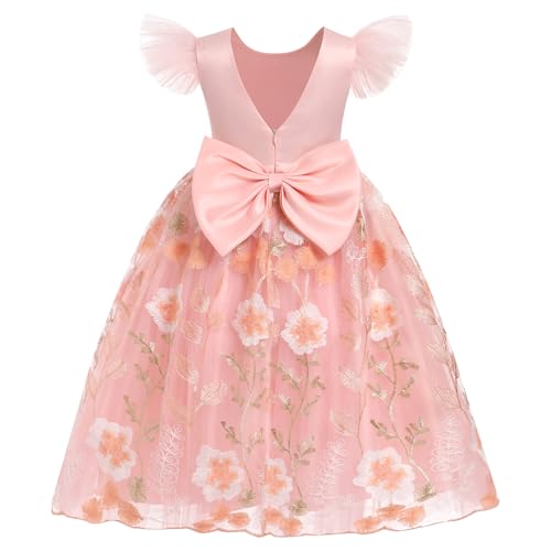 IDOPIP Embroidery Flower Girl Dress for Kids Wedding Bridesmaid Dresses Princess Birthday Party V-Back Bowknot Pageant Gown