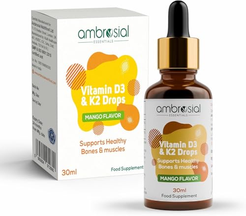 Ambrosial Vitamin D3 + K2 Drops – High Strength Liquid Supplement for Adults & Kids – 500 IU Vitamin D3 + 50 mcg Vitamin K2 – Mango Flavour, Gluten Free, Non-GMO, Easy-to-Take Vitamin D Liquid – 30 ml