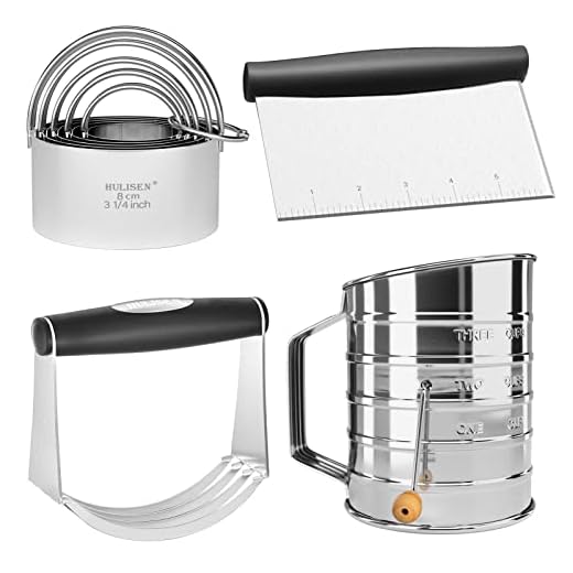 HULISEN Pastry Cutter, Dough Blender, 3 Cup Flour Sifter and Biscuit Cutter, Stainless Steel Dough Cutter, Professional Baking Dough Tools for Cooking Cookies and Donuts(4 Pcs/Set)