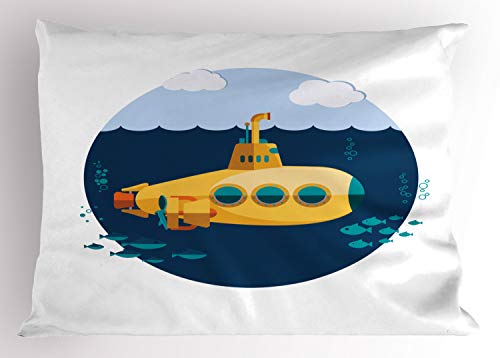 Ambesonne Yellow Submarine Pillow Sham, Nautical Theme Submarine with Bubbles Fish Underwater and Waves Sky, Decorative Standard Size Printed Pillowcase, 26