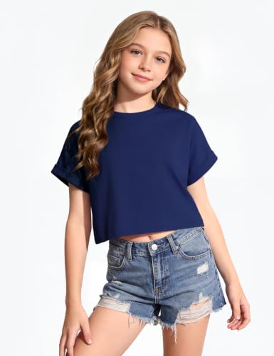 Image of Girls Crop Tops Short Sleeve T-Shirts for Girl Crew-Neck Basic Tee