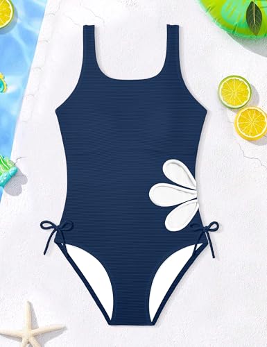 Image of KANGKANG Girls Swimsuit Solid Color Cut Out One Piece Bathing Suit with Chest Pad Adjustable Strap Round Neck Girls' Swimwear