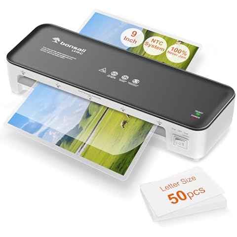 Bonsaii Laminator Machine, 9 Inch Laminator Machine with 50 Laminting Sheets, Laminator with Never Jam Technology for Doc/Posters/Photo, Simple Convenient for Home, Office and School - L418-C Grey Cover