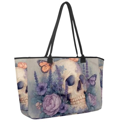 Large Beach Bag for Women, Green Chamomile Pattern Travel Tote with Pockets Waterproof Shoulder Handbag