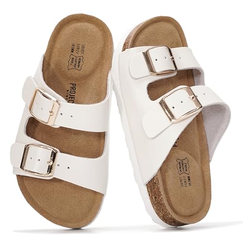 Image of Project Cloud Kids Sandals 100% Genuine Leather - Natural Cork Footbed Non-Slip Slides for Kids - Lightweight Boys & Girls Sandals - Water-Resistant Girls & Boys Sandals
