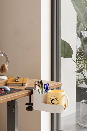 YUYUTORI ドリンクホルダー デスク テーブル横 コップホルダー スマートフォン/リモコン/小物収納 卓上整理 机拡張 デスク 後付け クリップ式 机固定 滑り止め 大容量 スペース節約 簡単設置 ホワイト