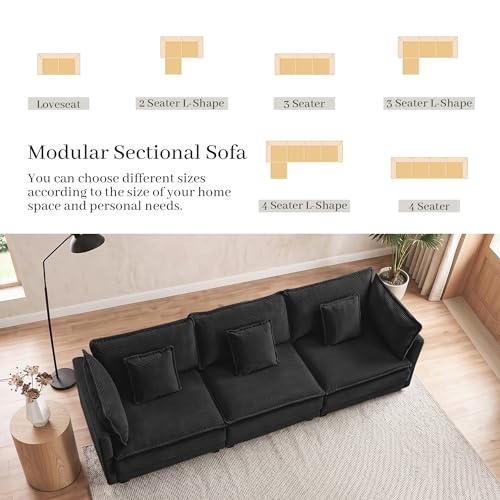 Image of Corduroy Sectional Couch, 3 Seater 113 inch Cloud Couch, Modular Deep Seat Sofa with Pillows for Living Room, Apartment, Black