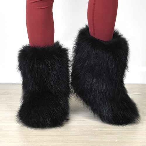 Image of Fashion Fur Boots,Flat Heel Comfy Plush Warm Snow Booties,2025 Winter Outdoors Furry Boots,Mid-Calf Faux fur Boot for Women.