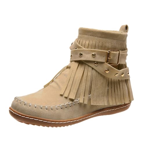 Bottines bout rond femme couleur unie plates à détails pompons casual