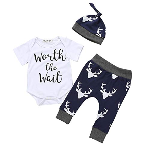 Preisvergleich Produktbild Yanhoo Babyanzug Worth The Wait Babybuchstabe gedruckt kurzärmeliger Hut Kuhkopfdruckhose Hut dreiteilige Säuglings Babys scherzt Kinder Kleidungs Mantel Weste Spielanzug der Ausstattungen