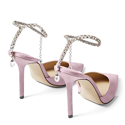 Image of LauraVicci Women's Heeled Sandals Crystal Chain Ankle Straps Rhinestones Buckle High Heels Stiletto Slip On Wedding Party Satin Dress Shoes
