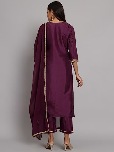 Image of VredeVogel Women's Silk Blend Embroidered Kurta with Pant & Nazneen Dupatta Set