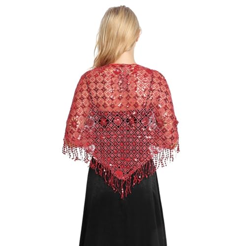 Women's Glittering Triangle Scarf Mesh Sequin Wedding Cape Fringed Evening Shawl Wrap