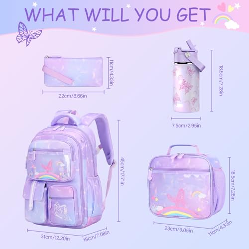 Kids School Backpack for Girls, Rainbow Bookbag Backpack with 14OZ Kids Water Bottle, Lunch Bag Set for Girls Kid Teens Middle School Student, Girl Backpacks for Schools (4pcs Water Bottle)2