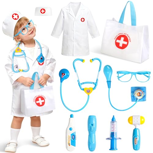 Fajiabao Doctor Kit for Toddlers 3-5 Preschool Dress Up Toddler Toys 2-3 Kids Doctors Play Set with Costume, Toy Stethoscope & Medical Bag for Pretend Play Gift for 2 3 4 Year Old Girls (Blue)