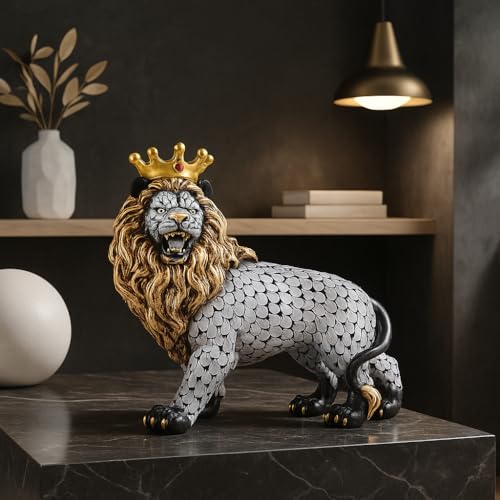 Image of Xtore Regal Lion with Crown Figurine | Resin Home Decor Accent | Unique Art Piece for Living Room, Office, or Shelf | Symbol of Strength and Royalty | Luxurious Animal Decor