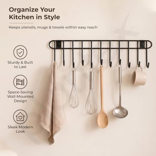 Image of Plantex Hook Rail /GI Steel Hooks for Wall Without Drilling /Self Adhesive Hook Rail for Clothes /Towel - Pack of 1 (11 Hooks, Black)
