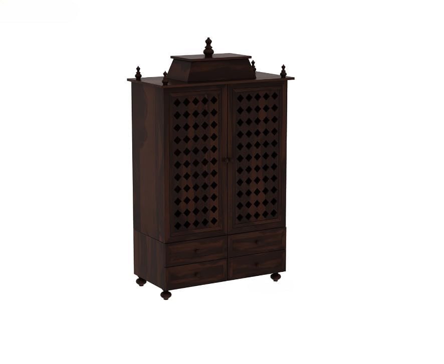 Image of Solid Sheesham Wood Temple for Home & Office /Mandir /God Stand /Pooja Stand /Home Mandap /Mandapam with Cabinet Doors & Multiple Storage /Shelf with Drawers (Walnut2, 32x15x57 inch)
